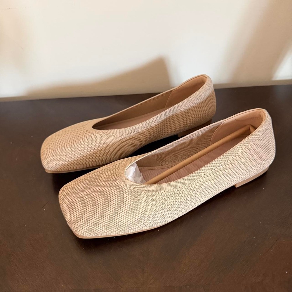 Aprcoco Women's Size 7.5 Square Toe Knit Ballet Flat Shoes Almond Nude